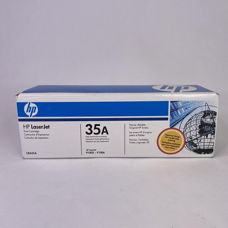 May include: An HP LaserJet 35A print cartridge box. The box is white with a blue stripe and the HP logo. Text on the box includes "Print Cartridge", "35A", and "P1005-P1006". A globe graphic is on the right side.