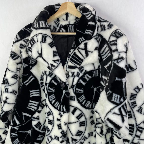 VTG Mariel 80s Faux Fur Clock Picasso Art Print Wrap Coat USA Made 