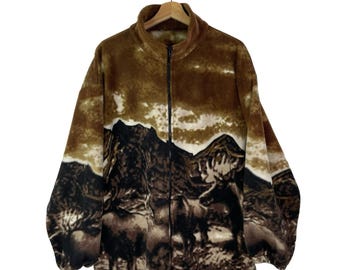 Suéter polar VTG Wildlife Moose con cremallera completa, años 90, ART Outdoors Sportsman XL