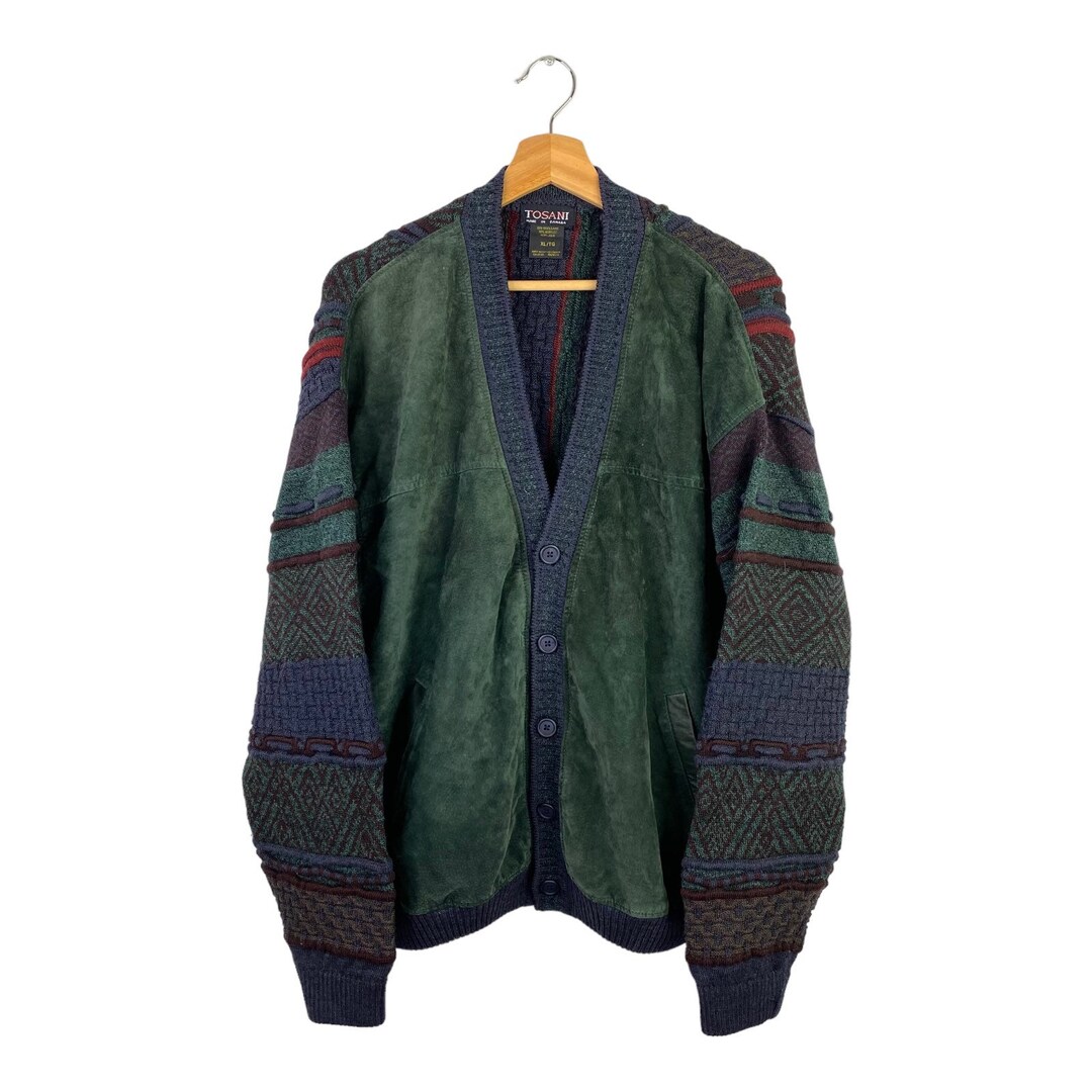 VTG Tosani Coogi Style Cardigan Leather Grandpa Sweater 3D Knit