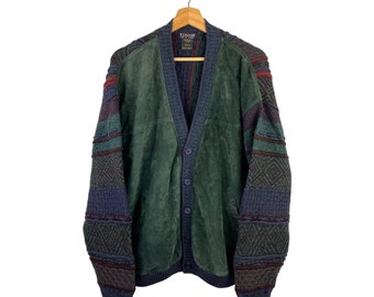 VTG Tosani Coogi Style Cardigan Leather Grandpa Sweater 3D Knit 90s Colourful XL
