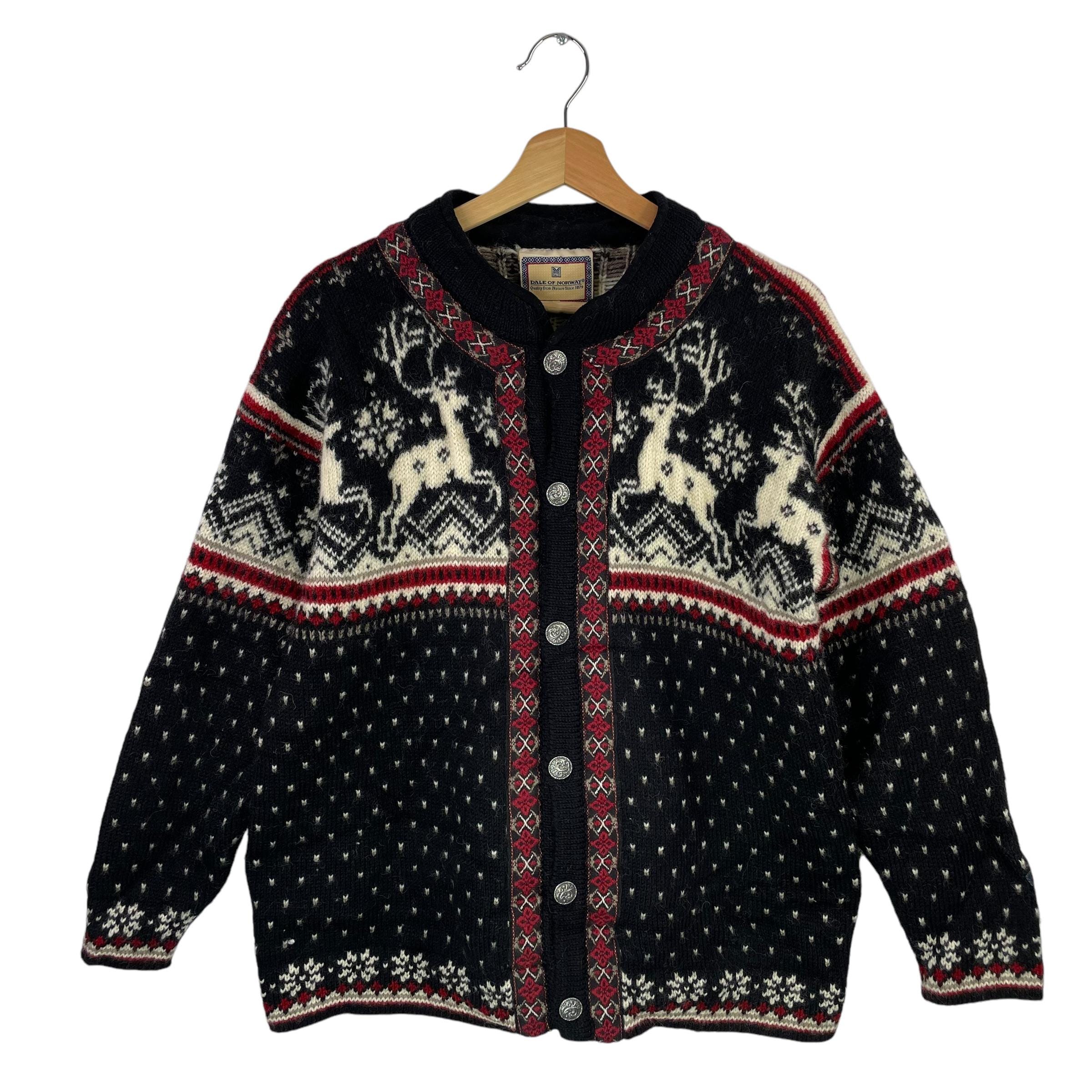 Dale of Norway Black Deer Snowflakes Wool Knit Button Cardigan VTG 