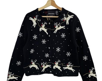 VTG Michael Simon Christmas Rudolph Reindeer Sweater VTG Cardigan Beaded Sz L