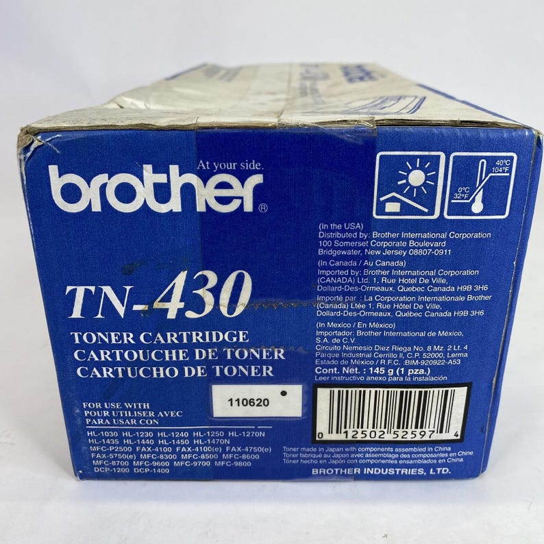 May include: A blue and white Brother TN-430 toner cartridge box. The box features the Brother logo, product information, and a list of compatible printer models. The box also includes a weight of 145 grams.