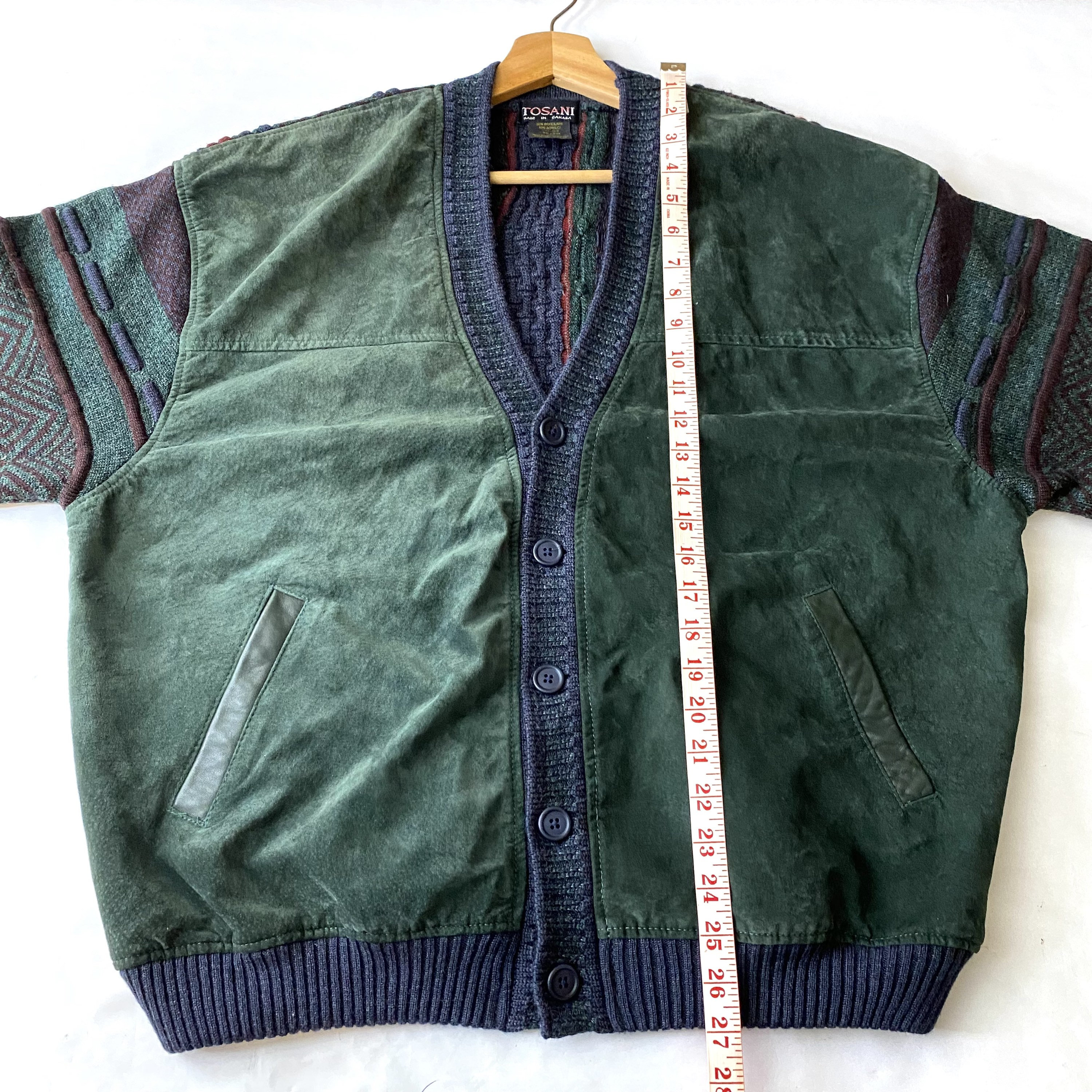 VTG Tosani Coogi Style Cardigan Leather Grandpa Sweater 3D