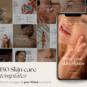 In the background multiple social media posts about skin care products, coaching, tips, tricks and content creation. In the foreground a phone showcasing one of the skin care instagram story designs. The text on the side says: 150 skin care template