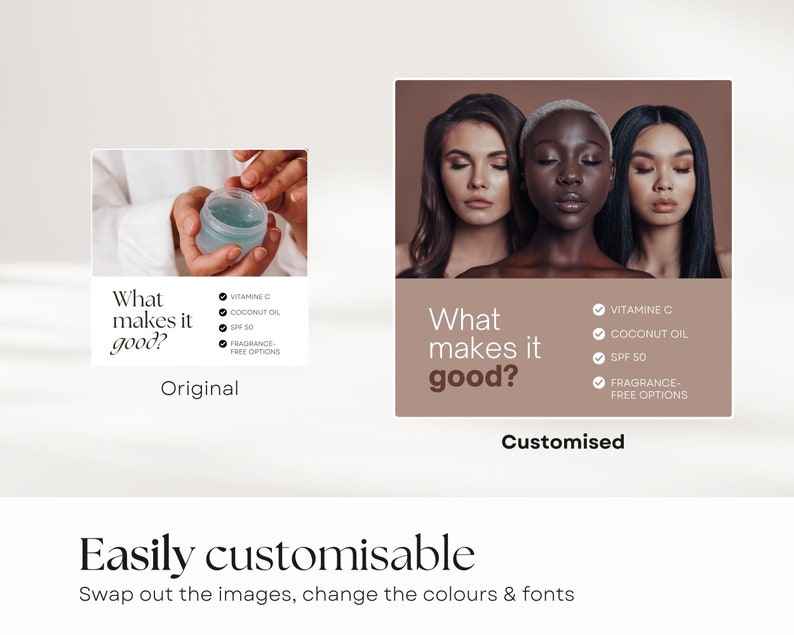 2 social media templates showing how to customise one of these template designs. 1 original design 1 edited design, where the colours, font and image is different.