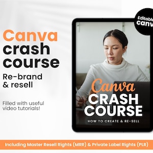 May include: A digital tablet screen displaying a Canva Crash Course, a course on how to create and re-sell Canva designs. The course is filled with video tutorials and includes Master Resell Rights (MRR) and Private Label Rights (PLR).