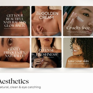 6 social media skin care templates. Aesthetics for your instagram account described as natural, clean and professional.