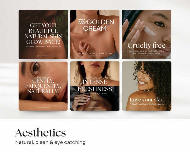 6 social media skin care templates. Aesthetics for your instagram account described as natural, clean and professional.
