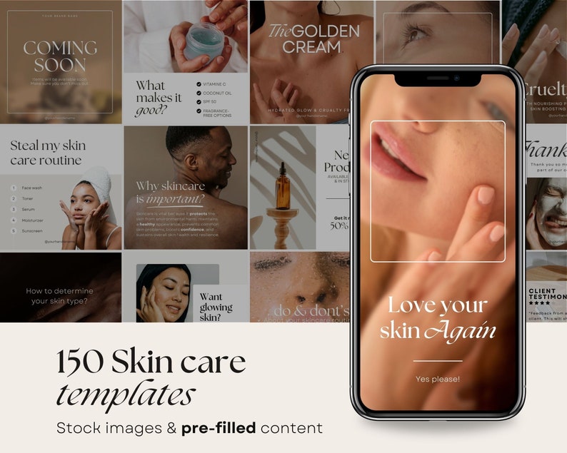 In the background multiple social media posts about skin care products, coaching, tips, tricks and content creation. In the foreground a phone showcasing one of the skin care instagram story designs. The text on the side says: 150 skin care template