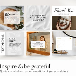 6 social media templates about skin care. Quotes, reminders, testimonials & thank you posts. Clean, modern and minimalistic style.