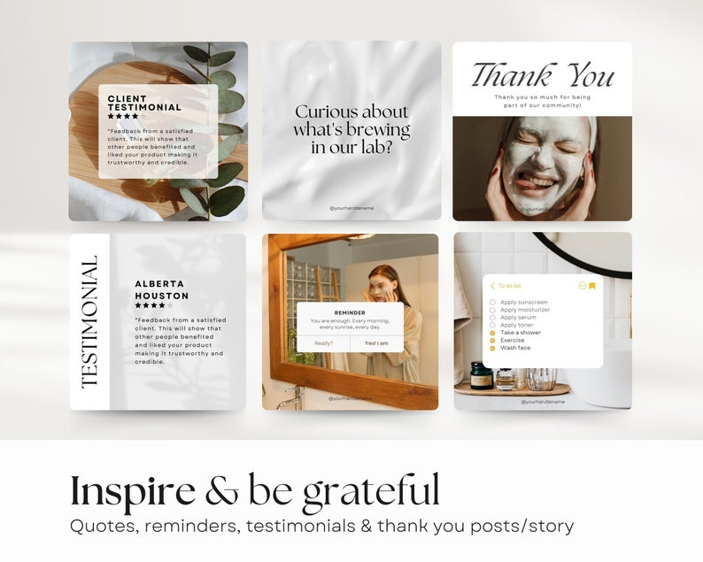 6 social media templates about skin care. Quotes, reminders, testimonials & thank you posts. Clean, modern and minimalistic style.