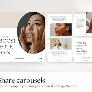 5 social media carousel templates about skin care. Describing how to boost your skin, showing 3 steps with images of women doing their skin care routine.