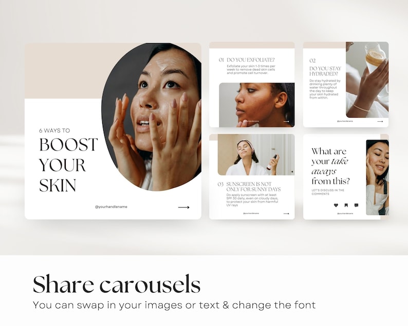 5 social media carousel templates about skin care. Describing how to boost your skin, showing 3 steps with images of women doing their skin care routine.