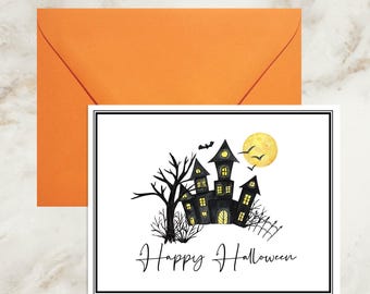 Happy Halloween Cards | Watercolor Haunted House Greeting Cards | Spooky Cards with Envelopes | Halloween Stationery | Spooky Cards