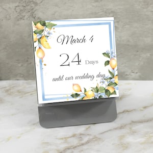 May include: A white card with a blue border and lemon illustrations. The card says "March 4" and "24 Days until our wedding day".