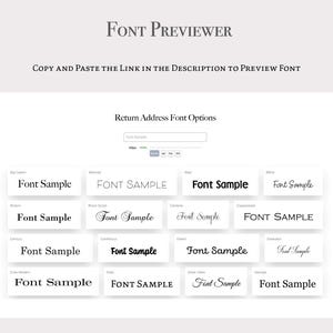 May include: A screenshot of a website showing a variety of fonts for return address labels. The fonts are displayed in a grid with the name of each font listed below the sample text.