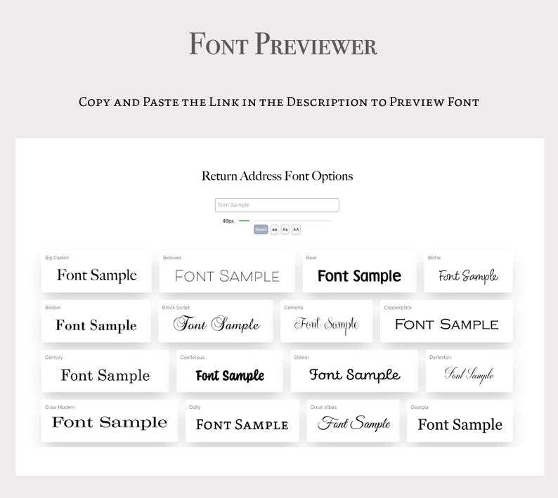 May include: A screenshot of a website showing a variety of fonts for return address labels. The fonts are displayed in a grid with the name of each font listed below the sample text.