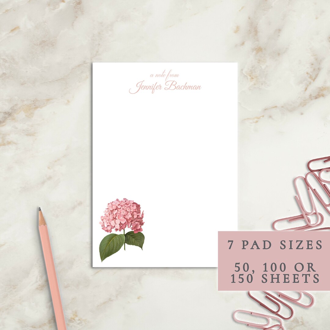 Pink Hydrangea Personalized Notepad | Custom Writing Pad | Teacher ...