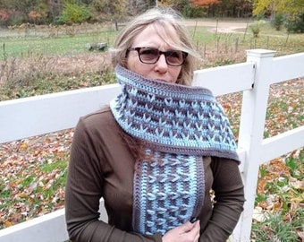 May include: A woman wearing a brown long-sleeved shirt and blue jeans is standing in front of a white fence. She is wearing a crocheted scarf with a blue and brown pattern.