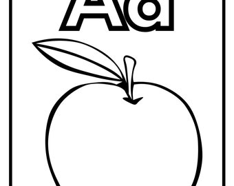 May include: Black and white line drawing of an apple with a leaf and the letter A in uppercase and lowercase.
