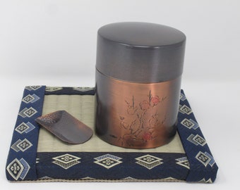 Kaikado Tea Caddy Canister Chazutsu With Scoop Copper Long 400g Hand Made Japan