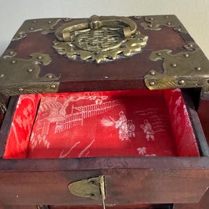 Chinese Jewelry Cabinet with Carved Jade Panels Ornate Brass Hardware Oriental Trinket Box Vintage image 6