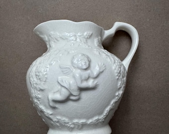 Vintage White Cherub Pitcher Vase, Romantic Angel Relief Creamer, Cottage Chic Parian Style