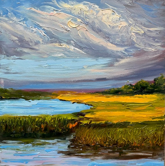 Cape Cod Marsh Oil Painting: Impasto Landscape Artwork (6x6)