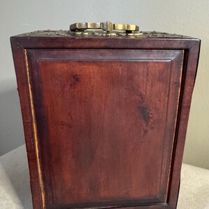Chinese Jewelry Cabinet with Carved Jade Panels Ornate Brass Hardware Oriental Trinket Box Vintage image 3