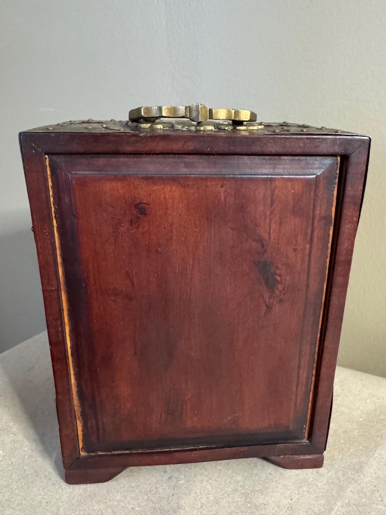 Chinese Jewelry Cabinet with Carved Jade Panels Ornate Brass Hardware Oriental Trinket Box Vintage image 3