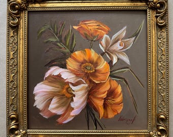 Floral Oil Painting | Vintage Gold Frame, Botanical Fine Art (16x16")