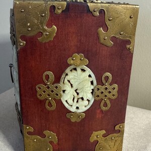Chinese Jewelry Cabinet with Carved Jade Panels Ornate Brass Hardware Oriental Trinket Box Vintage image 8