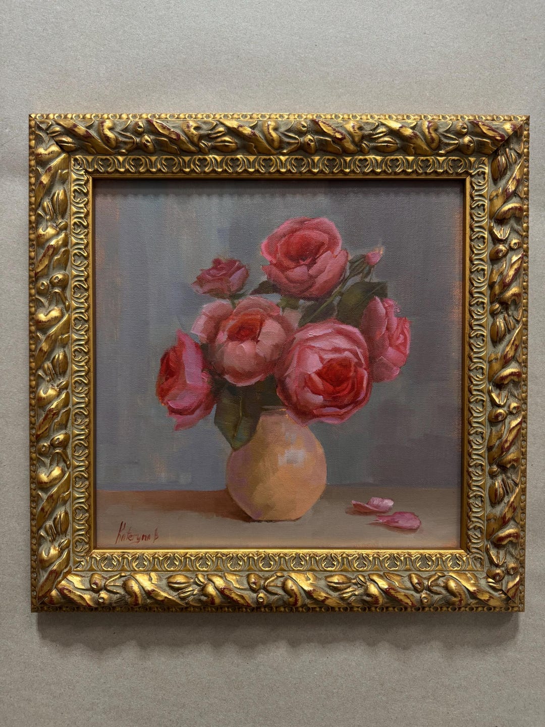 Vintage Style Oil Painting – Pink Roses in Vase – Romantic Floral Still ...