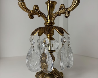 Vintage Crystal Candelabra | 3 Arm Gilded Brass Candle Holder | Hollywood Regency Romantic Table Decor