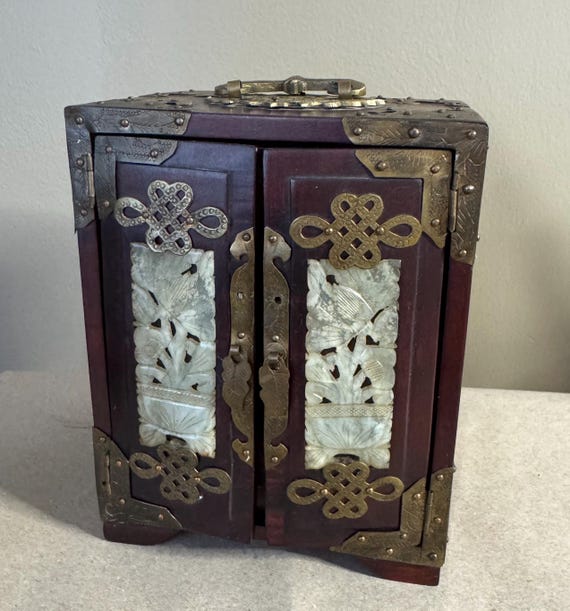 Vintage Chinese Jewelry Cabinet with Carved Jade Panels Ornate Brass Hardware Oriental Trinket Box
