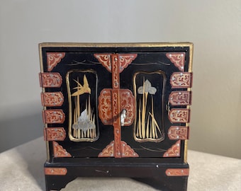 Vintage Black Lacquer Jewelry Cabinet, Oriental Bird Detail Keepsake Box