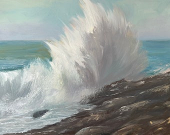 Peinture à l'huile sur vague déferlante, journée ensoleillée à la plage, décoration côtière, oeuvre d'art avec vue sur l'océan, cadeau d'art marin