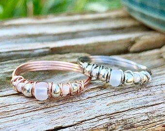 Selenite Ring, Crystal Ring, Boho Ring, Seed Bead Ring, Wire Wrapped Ring for Women, Selenite Jewelry, Crystal Jewelry for Women