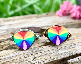 Rainbow Heart Ring, Rainbow Ring, Gay Pride Ring, Wire Wrapped Ring for Women, Rainbow Jewelry, Gay Pride Jewelry for Women