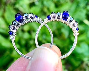 Galaxy Ring, Blue Cobalt Ring, Blue Ring, Seed Bead Ring, Wire Wrapped Ring for Women, Galaxy Jewelry, Blue Jewelry for Women