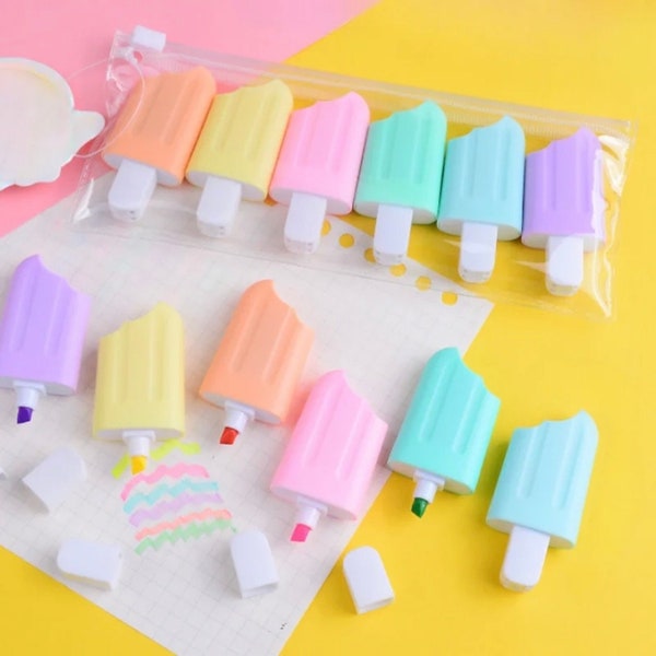 Kawaii Ice Lolly highlighter Set - 6pcs Pastel Highlighter Set - School Supplies - Kawaii Stationery - Study Supplies - Aesthetic Stationery