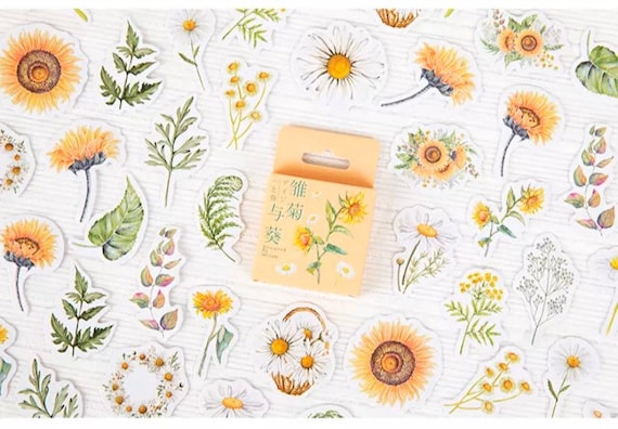 Sunflower & Daisy Sticker Set, Journal Supplies, Yellow Floral Stickers, Spring Sticker Set 45pcs, Planner Stickers, Aesthetic Stickers