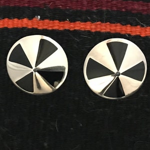 Vintage Taxco Mexico Sterling Silver Inlaid Onyx Round Clip-on Earrings TC-243