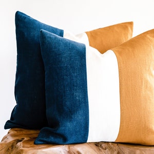 Deep-Ocean Blue/Off-White/Golden Mustard Color-Blocked Linen Decorative Pillow Cover