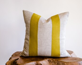 Fresh Olive & Natural Double Stripes on Natural-Gray Linen Decorative Pillow Cover