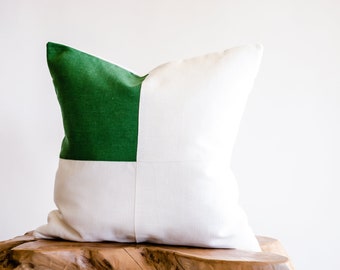 Emerald Green Solid Colored Square on Off-White Linen Decorative Pillow Cover