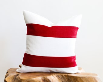 Deep-Red Double Stripes on Off-White Linen Decorative Pillow Cover