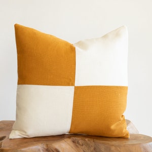 Golden Mustard Double Solid Square on Off-White Linen Decorative Pillow Cover image 1